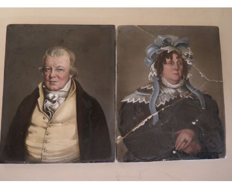 A portrait on china tile of William Booth of Hanley, Staffs - died circa 1824 and a broken and badly repaired portrait on chi