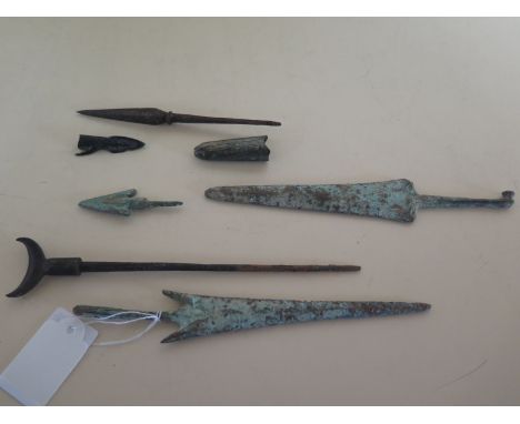 A selection of Ancient Greek and Roman and other Arrow and Spear heads - Spear heads approx 15cm long - together with a silve