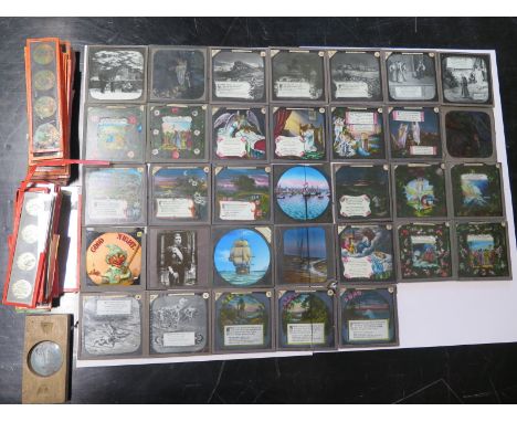 A collection of approximately thirty 3 1/4" x 3 1/4" hand coloured lantern slides, together with approximately 6" x 1 1/2", 7