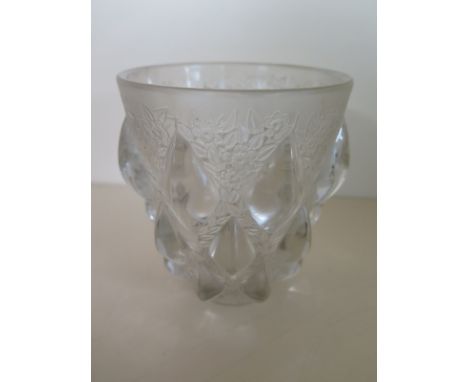 An R Lalique Rampillion vase with R Lalique France etched mark - 13cm tall x 12cm wide - some scratches to base rim but overa