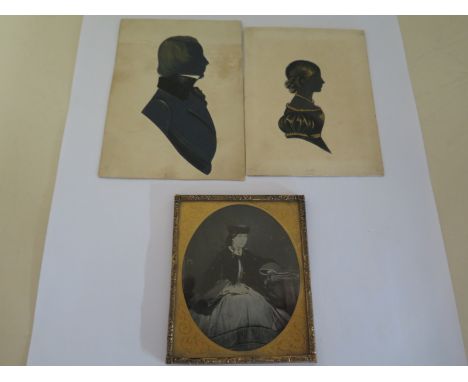 Two unframed silhouettes of William Harding - born 1825 and of Rosa Harding - died 1881 and a framed ambrotype of Elizabeth H