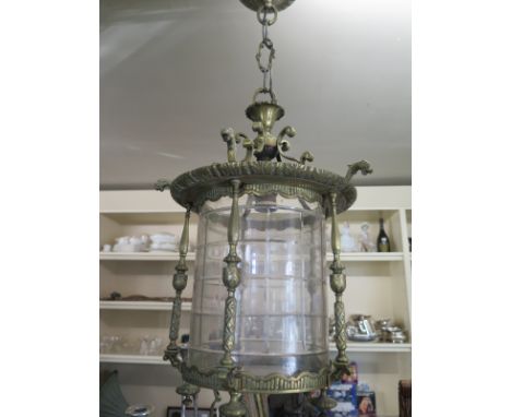 A good brass cut glass hanging hall lantern - 74cm x 34cm wide, glass cylinder 20cm diameter x 25cm tall - glass in good cond