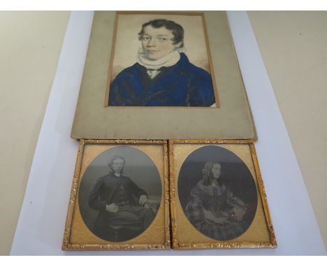 Two framed ambrotypes - one of William Ward Booth Junior - born 1837, the other of his wife, with a watercolour portrait of W