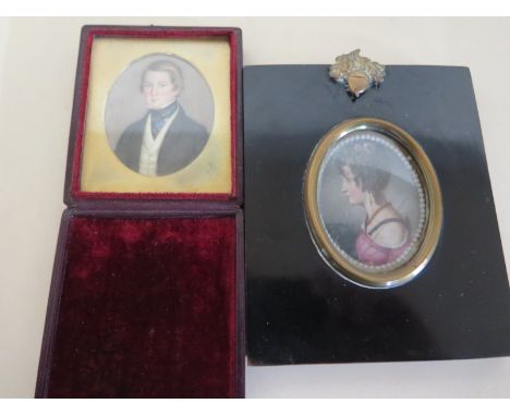 A miniature portrait of William Harding - born 1825, died a bachelor - and a miniature 19th Century lady - miniature of lady 