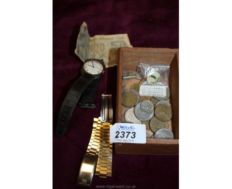 A gents wristwatch a metal Seiko watch bracelet (damaged), a National blood service pin and various pesetas coins, a .5 lira 