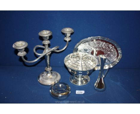 A plated candelabra, a rose bowl, a salver and a jug plus pewter hip flask.