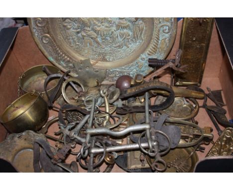 A quantity of brass and metal including horse tack, charger, barrel tap and door knocker, etc.