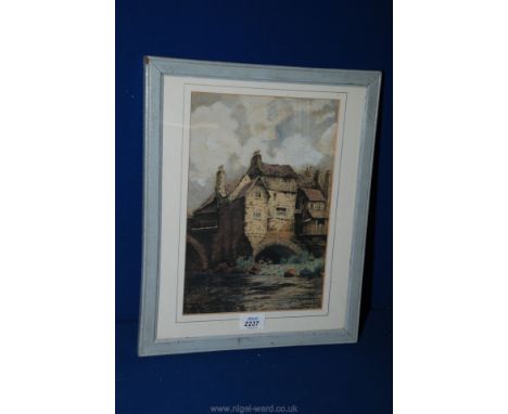A coloured Lithograph of a large building by the side of a river with two figures by a camp fire under a tunnel.