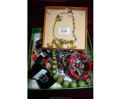 A quantity of jewellery including 925 silver amethyst ring, mother of pearl rings, toy watch, etc.
