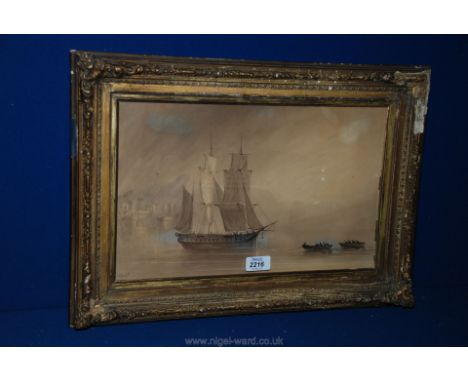 A 19th c. Watercolour of seascape of rowing boats towing a sailing ship out to sea, signed Vernet.