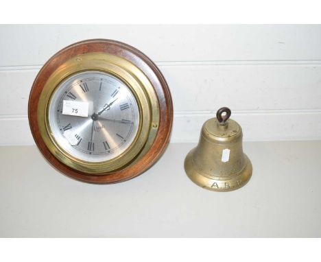 VINTAGE BRASS ARP BELL TOGETHER WITH A MODERN QUARTZ WALL CLOCK