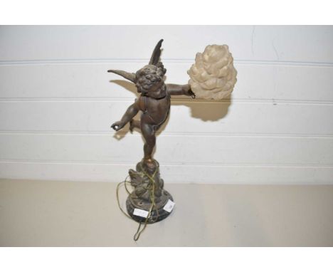 BRONZED SPELTER TABLE LAMP FORMED AS A CHERUB