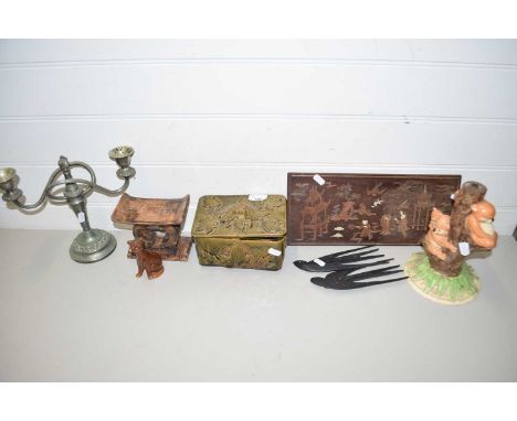 MIXED LOT: CANDLEABRA, WALL PLAQUE, POTTERY TABLE LAMP BASE AND OTHER ITEMS