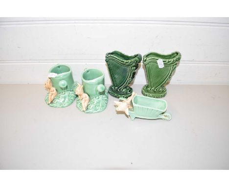 COLLECTION OF SYLVAC SMALL VASES DECORATED WITH PIXIES AND A PAIR OF HARP IRISH VASES