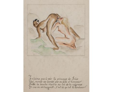 Plehn, Erika. Folge von 7 aquarellierten Original-Zeichnungen mit 4-zeiligem handschriftlichen Text zu "Pybrac". Berlin, um 1