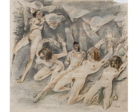 Schatz, Otto Rudolf. Ohne Titel. Sammlung von 3 aquarellierten Original-Zeichnungen. Aquarellfarben über grauer bzw. sepiafar