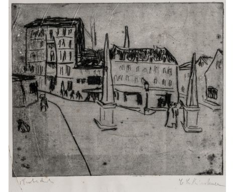 Kirchner, Ernst Ludwig. Straße mit Pylonen. Radierung auf Büttenkarton. Signiert rechts unten. Links unten bezeichnet "Probed