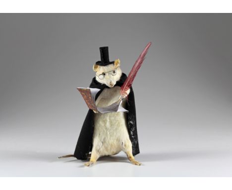 Humoristisches Taxidermie-Objekt Ratte als Zauberer. 20. Jahrhundert, Präparat einer Ratte mit Mantel, Zylinder, Schreibfeder