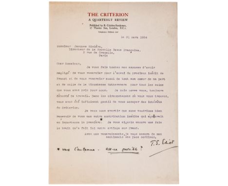 Eliot, Thomas Stearns. Sammlung von 3 maschinenschriftlichen Briefen mit Unterschrift und eigenhändigen Zusätzen, 12 Briefen 