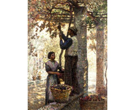 Mützner, Samuel. Ohne Titel. (Obsternte). Öl auf Leinwand. Rechts unten unleserlich signiert und datiert 1910. Bildmaße: 110 