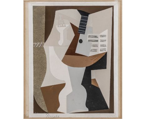 Picasso, Pablo. Guéridon avec guitare et partition. Farbpochoir auf Velin. Signiert links unten in Bleistift, dort im Rand nu