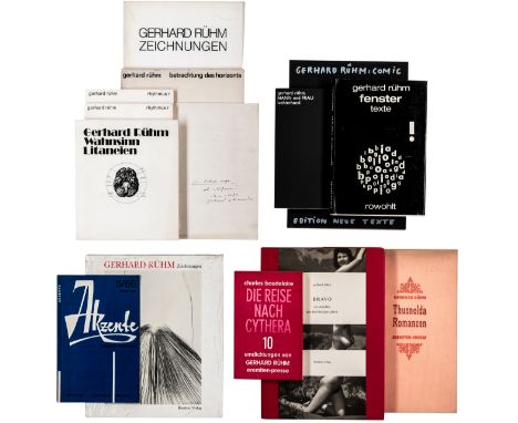 Rühm, Gerhard. Sammlung von 14 Publikationen, davon 6 als Widmungsexemplare. Verschiedene Orte und Verlage, Ca. 1966-1987. Ve