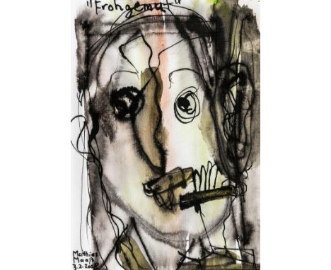 Art Brut - Maaß, Matthias. Frohgemut. 3 Aquarelle über Tusche auf Velin. Jeweils signiert und datiert unten links bzw. oben r