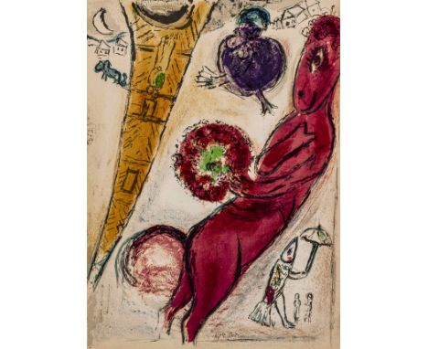 Chagall, Marc. La Tour Eiffel à l'Âne. Farblithographie auf Velin. 1954. Blattmaße: 38,2 x 27,8 cm. Mourlot 97 - Cramer 24. -