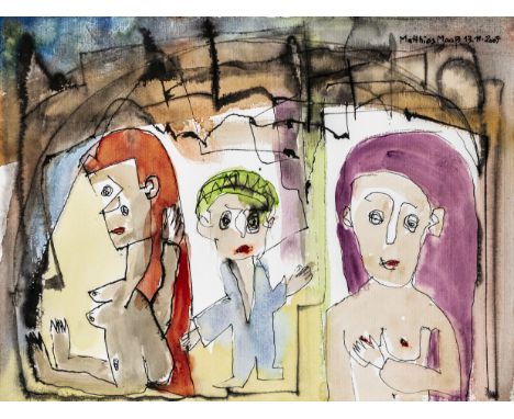 Art Brut - Maaß, Matthias. Ohne Titel. Aquarell über Tusche auf leichtem Karton. Signiert und datiert "13.11.2007" oben recht