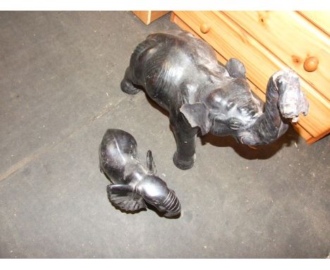 6 Elephants 3 wooden , 2 resin and leather covered one A/F  with chewed trunk 