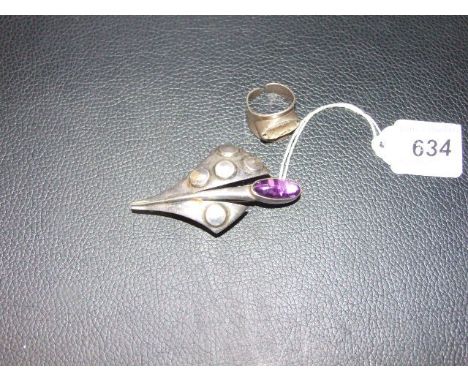 Vintage Danish N E From  sterling silver brooch &amp; ring ( ring missing stone )