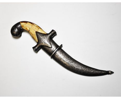 An Indian/Persian dagger, 16cm curved decorative Damascus blade, bidri guard and handle, two-piece segmented horn grip, flowe