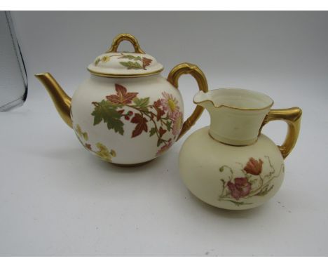 Royal Worcester Ivory (blush) teapot and jug, hand painted and gilded circa 1889-1895  condition report- the teapot is in goo