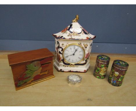 Mason's ceramic mantel clock, enamel pots and pill box etc&nbsp;