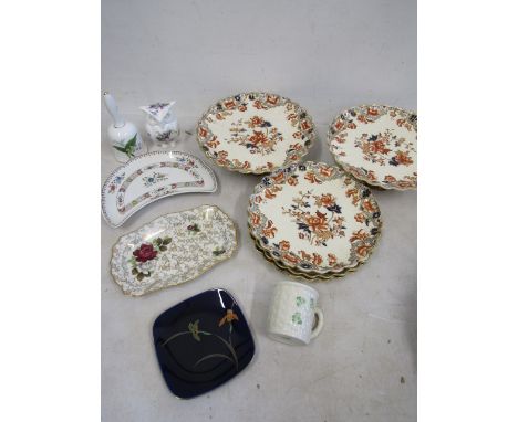 Belleek cup, Spode owl and bell, old roses plates and pedestal dishes and few trinket dishes