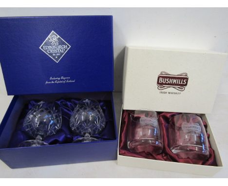 Edinburgh crystal brandy glasses boxed and a pair boxed Bushmills scotch glasses