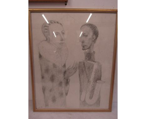 A pencil sketch of 2 men signed Uril 70x56cm