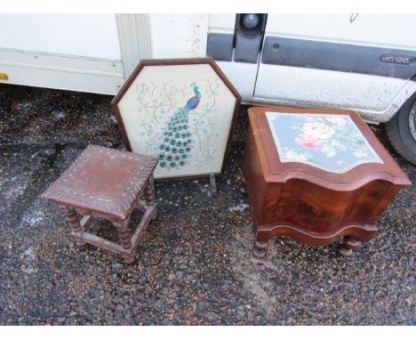 Small carved table, tapestry fire screen and commode