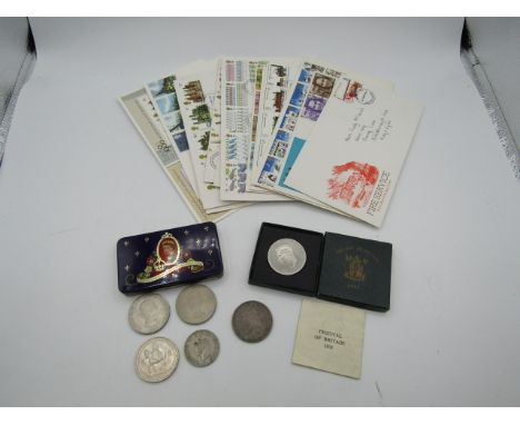 Coins to include 3 modern crowns, 1951 Festival of Britain crown in box, 1948 half crown, 1889 crown and first day covers fro