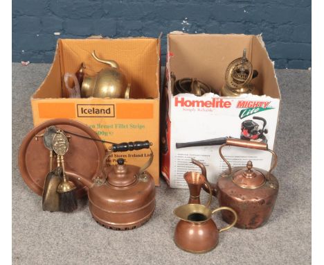 Two boxes of metalwares. Vintage Copper kettles, horse brasses, brass fire companion tools etc  