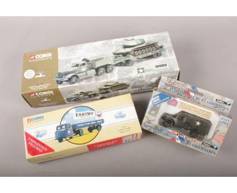 A group of boxed die cast vehicles. Corgi Classics 55101 United States Armed Forces, Corgi Classics 97335 Scammell Scarab Esk