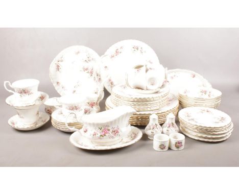 A quantity of Royal Albert 'Lavender Rose' tea &amp; dinner wares. Coffee pot, dinner plates, desert bowls, salt and pepper p