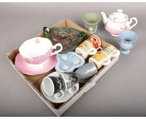 A collection of mostly china. Includes Royal Albert Cheeky Pink, Wedgwood, coffee cups etc.  