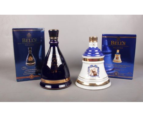Two Bell's Full &amp; Sealed commemorative decanters.  Limited edition Bell's scotch whisky golden jubilee decanter (boxed) &