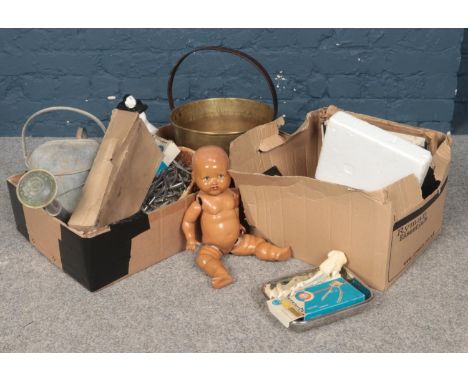 Two boxes of miscellaneous. Brass Jam pot, Vintage metal watering can, vintage matchboxes, chiropody tools etc  