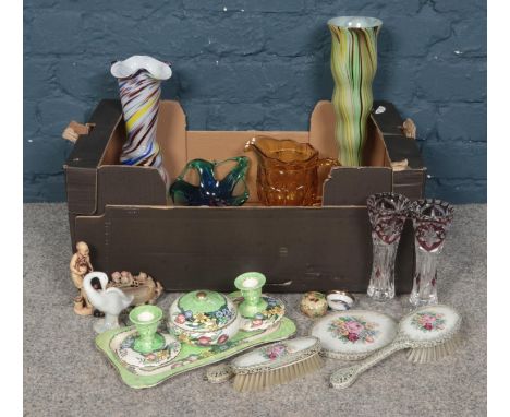A Box of Assorted Ceramics and Coloured Glassware.To include: Maling 'Springtime' Trinket Set, Regent of London Hairbrush Set
