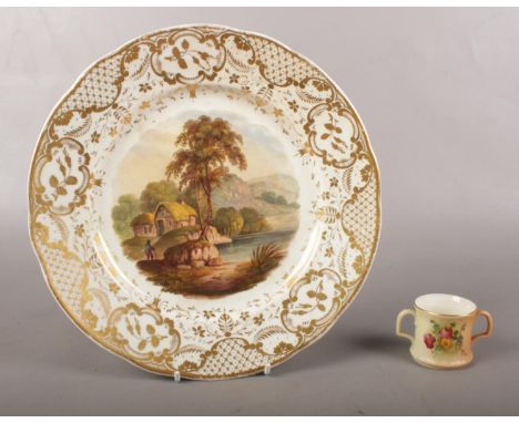 A Royal Crown Derby plate with a scene from Cromford near Derbyshire scene, &amp; a Royal Worcester Blush twin handled miniat