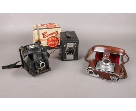 Three vintage camera's. Conway Box camera (original box), Kodak Retinette, Ensign ful-vue.  