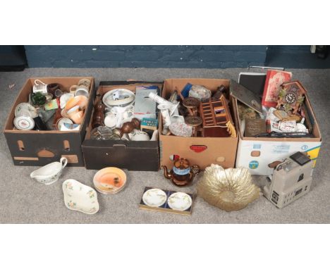 Four boxes of miscellaneous. Includes Noritake, Royal Doulton, Eumig projector, cuckoo clock, gypsy caravan etc.  