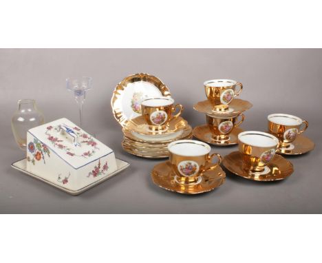 A group of miscellaneous. Bond ware tea set- cups/saucers side plates, ceramic floral cheese dish etc  